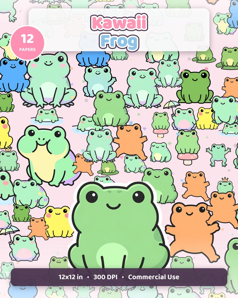 Naadloze digitale papieren kawaii kikker (12 ontwerpen) afbeelding 1