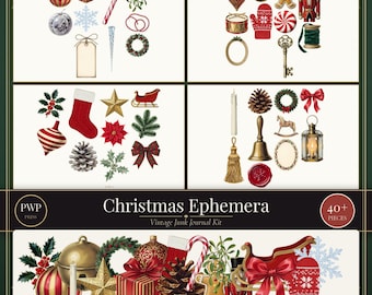 Kit de adornos navideños / Imprimibles vintage para diario navideño / Elementos PNG recortados con precisión / Uso comercial / Descarga instantánea