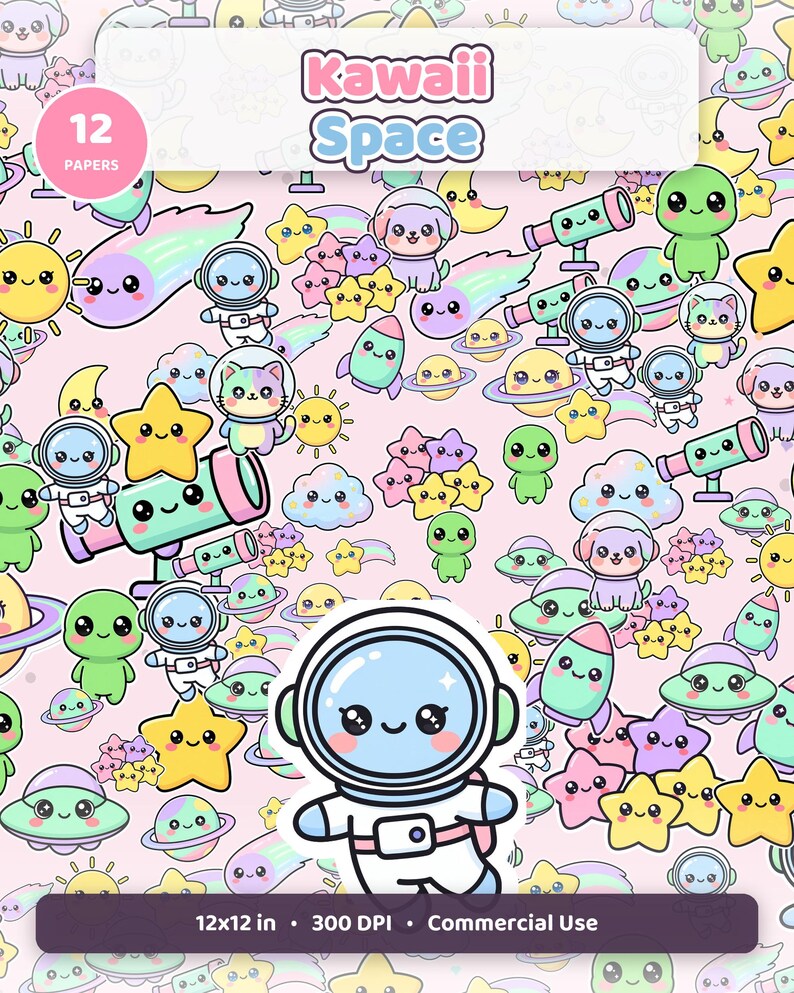 Kawaii Weltraum Digitales Papier | Nahtlose Muster, Kommerzielle Nutzung (Instant Download) Bild 1