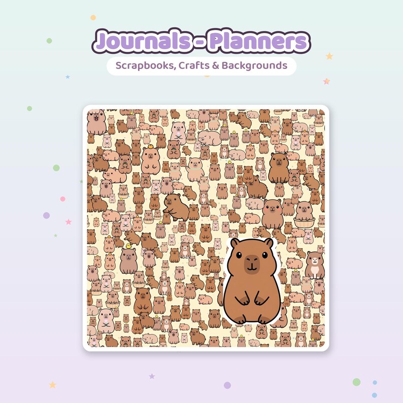 May include: A square digital graphic featuring a repeating pattern of cartoon capybaras in various shades of brown and tan on a light cream background. The text Journals-Planners and Scrapbooks, Crafts & Backgrounds appears at the top.