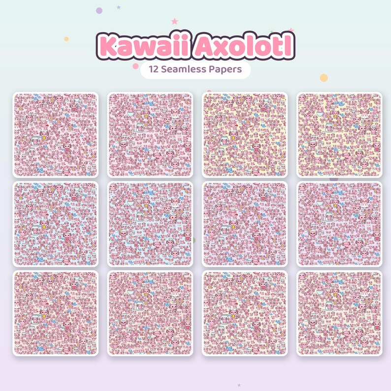 Op de afbeelding: Een digitale collectie van 12 naadloze papieren met de tekst Kawaii Axolotl en 12 Seamless Papers. Elke vierkante tegel toont een herhalend patroon van roze axolotls, kleine blauwe sterren en witte melkflesjes op diverse pastelkleurige achtergronden.