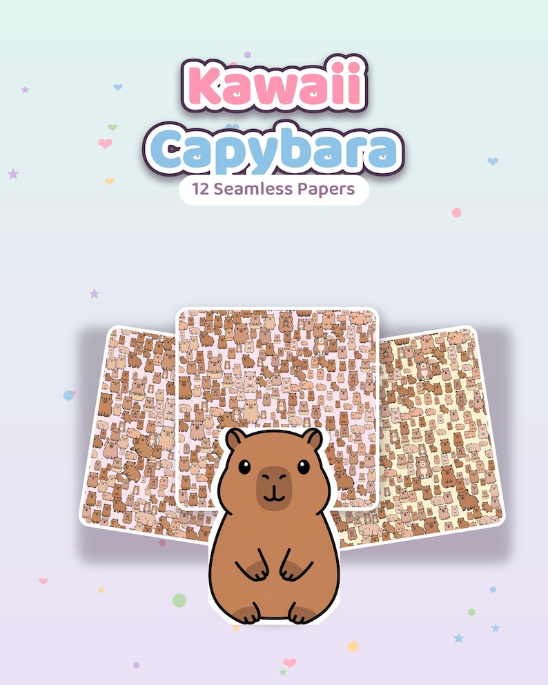 May include: A digital collection of 12 seamless papers featuring a repeating pattern of brown capybaras. The image displays the text Kawaii Capybara 12 Seamless Papers at the top and a single large capybara illustration in the foreground.