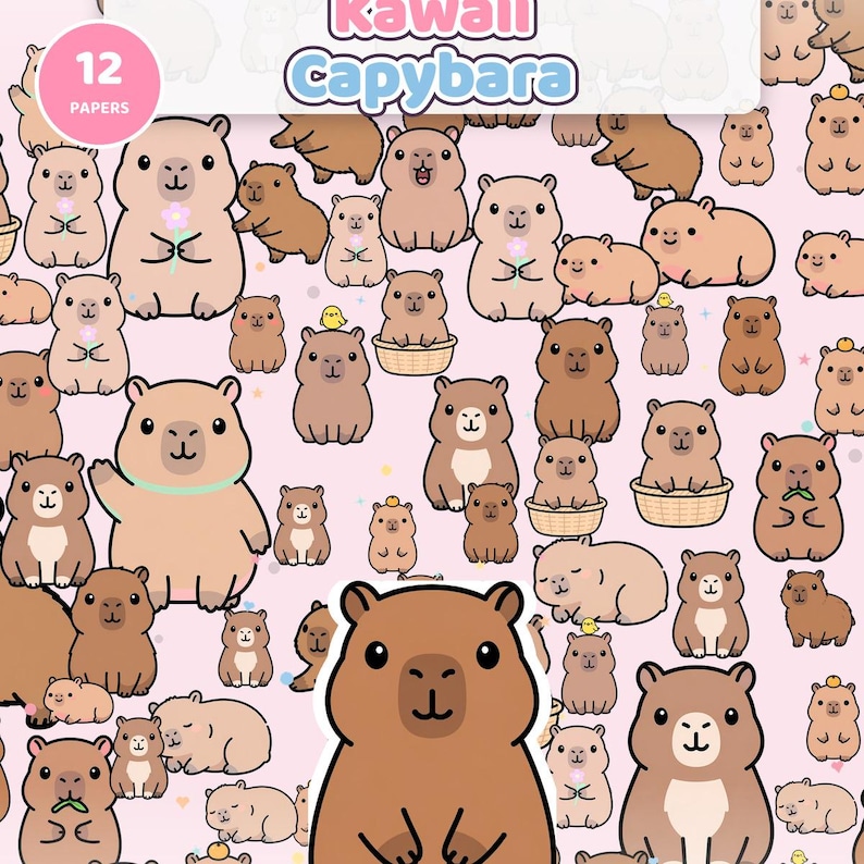 May include: A digital pattern featuring numerous cartoon capybaras in various poses on a light pink background. Some capybaras hold flowers, sit in baskets, or have small birds on their heads. The text Kawaii Capybara and 12 PAPERS is visible.