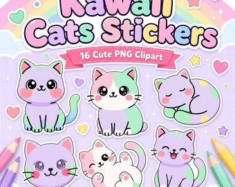 Paquete de imágenes prediseñadas PNG de gatos kawaii / Pegatinas de gatos en tonos pastel, gráficos para agendas (uso comercial)