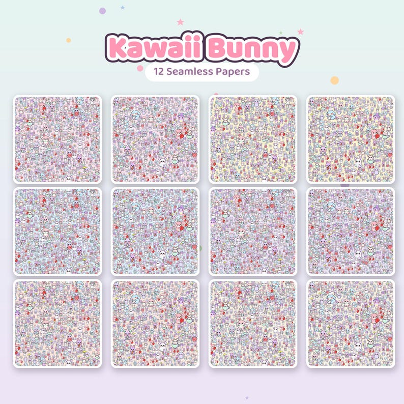 Kawaii Bunny Digital Paper Pack | Seamless Patterns, Scrapbook Paper (12x12in, Commercial Use) imagen 3