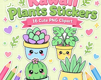 Paquete de imágenes prediseñadas PNG de plantas Kawaii / 16 diseños de pegatinas en tonos pastel (descarga digital)