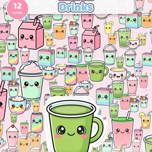 May include: A digital pattern featuring various kawaii-style drinks with smiling faces on a light pink background. The collection includes milk cartons, cups, and cans in pastel colors. A large green mug with a face is centered in the foreground.
