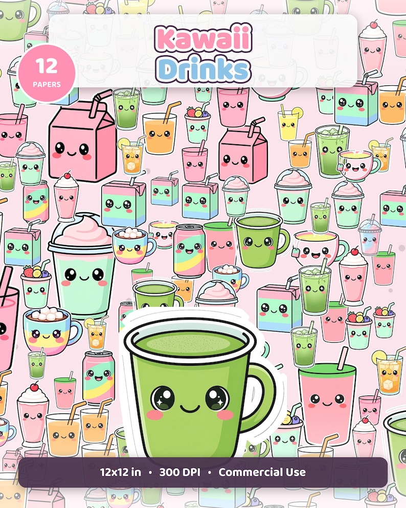 May include: A digital pattern featuring various kawaii-style drinks with smiling faces on a light pink background. The collection includes milk cartons, cups, and cans in pastel colors. A large green mug with a face is centered in the foreground.
