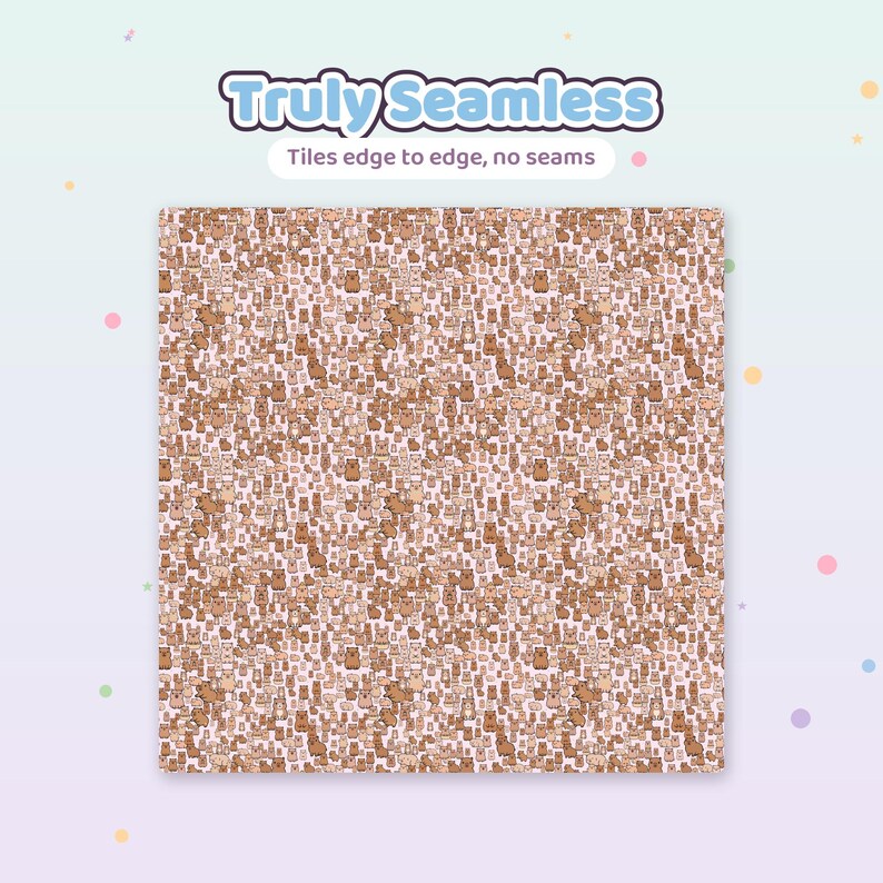 May include: A square digital pattern featuring a dense, repeating illustration of small brown bears on a light pink background. The text "Truly Seamless" and "Tiles edge to edge, no seams" is displayed in a blue and white font above the pattern.