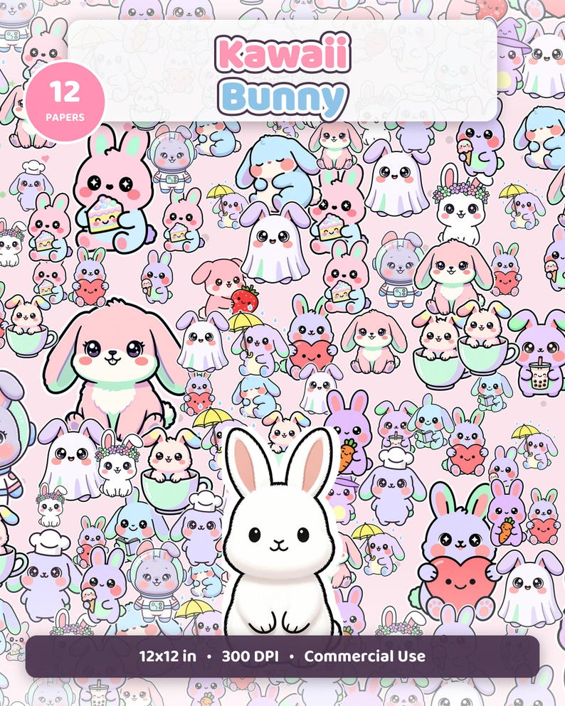 Kawaii Bunny Digital Paper Pack | Seamless Patterns, Scrapbook Paper (12x12in, Commercial Use) imagen 1