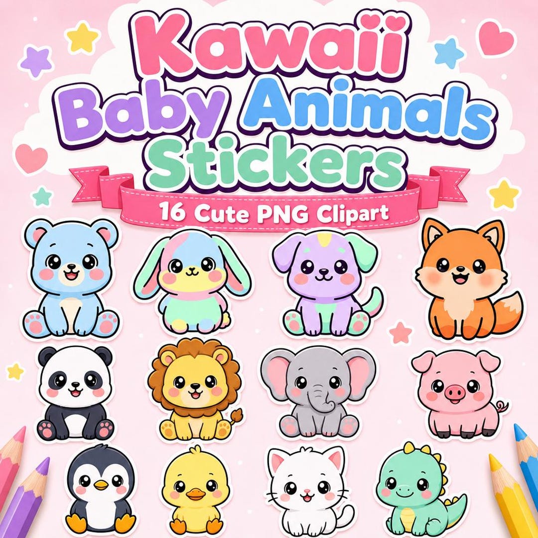 Kawaii Baby Animals Clipart PNG Bundle | 16 Pastel Stickers (commercial ...