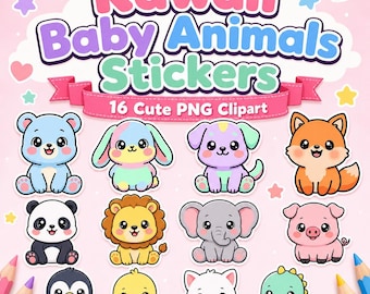 Paquete de imágenes prediseñadas PNG de animales bebés kawaii / 16 pegatinas en tonos pastel (uso comercial)
