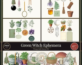 Kit de efímeros de bruja verde / Imprimibles vintage para diario creativo de bruja verde / Elementos PNG recortados con precisión / Uso comercial / Descarga instantánea