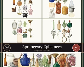 Kit de efímeros de boticario / Imprimibles de diario de boticario vintage / Elementos PNG recortados con precisión / Uso comercial / Descarga instantánea