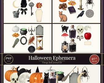 Kit de efímeros de Halloween / Imprimibles vintage para diario de Halloween / Elementos PNG recortados con precisión / Uso comercial / Descarga instantánea
