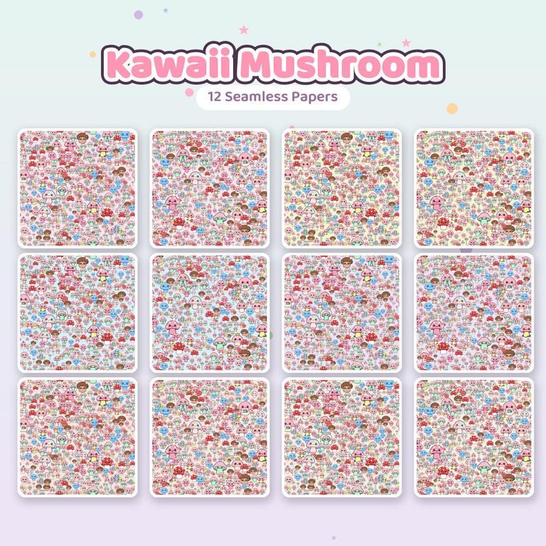 Kawaii Mushroom Seamless Patterns | 12 Digital Papers (Commercial Use) image 3