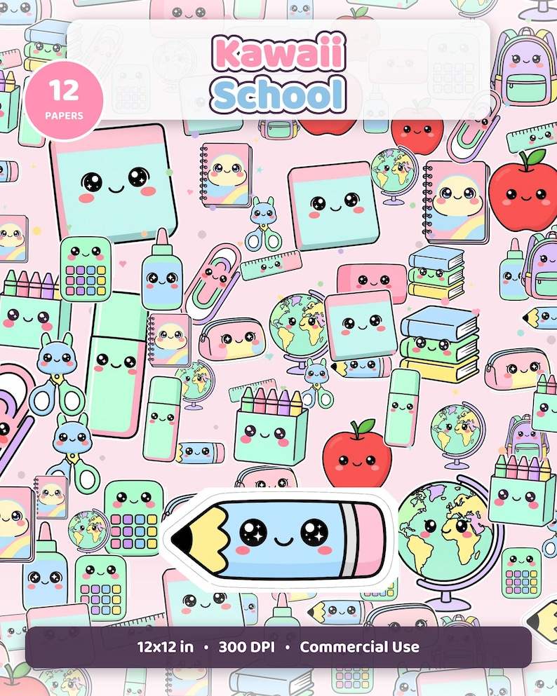 Kawaii Schule Digitales Papier | Briefpapier Seamless Patterns (30 x 30 cm) Bild 1