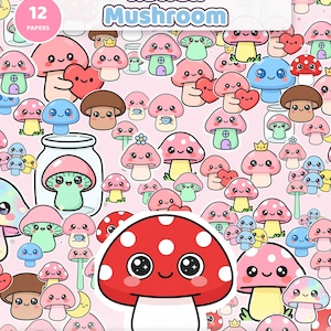 Kawaii Mushroom Seamless Patterns | 12 Digital Papers (Commercial Use) image 1