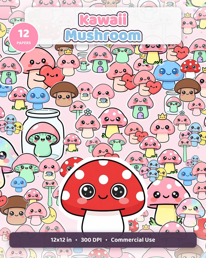 Kawaii Mushroom Seamless Patterns | 12 Digital Papers (Commercial Use) image 1