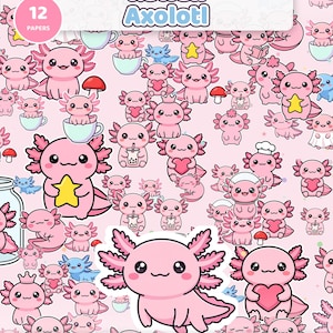 Op de afbeelding: Een digitaal patroon met talloze roze axolotls op een lichtroze achtergrond. De axolotls staan in verschillende houdingen afgebeeld, sommigen houden gele sterren of rode harten vast, of drinken bubble tea. Tekst: Kawaii Axolotl, 12 PAPERS, 30,48x30,48 cm, 300 DPI, Commercial Use.