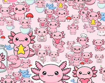 Patrones sin costuras de ajolotes kawaii / Paquete de papel digital de 12 x 12 pulgadas (uso comercial)