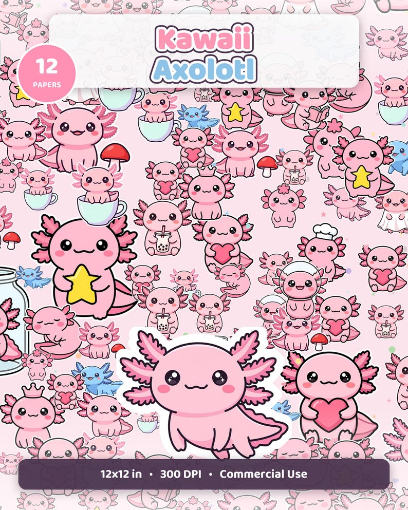 Op de afbeelding: Een digitaal patroon met talloze roze axolotls op een lichtroze achtergrond. De axolotls staan in verschillende houdingen afgebeeld, sommigen houden gele sterren of rode harten vast, of drinken bubble tea. Tekst: Kawaii Axolotl, 12 PAPERS, 30,48x30,48 cm, 300 DPI, Commercial Use.