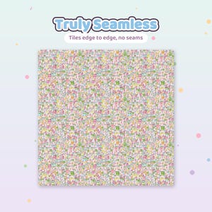 May include: A square digital pattern featuring a dense, repeating print of small, colorful cartoon characters with smiling faces. The text Truly Seamless and Tiles edge to edge, no seams appears in a blue and white font above the pattern.
