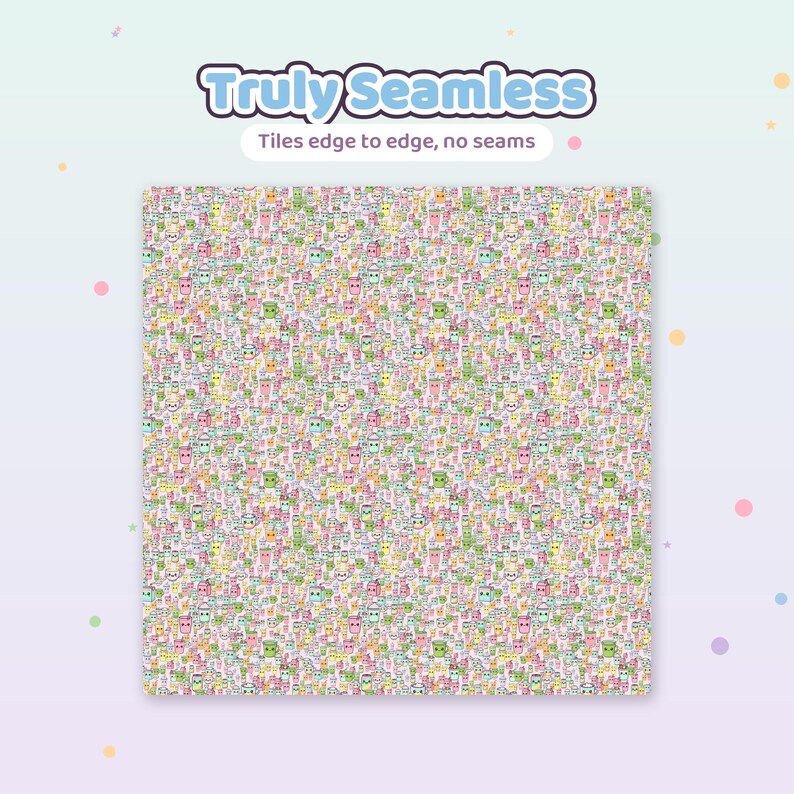 May include: A square digital pattern featuring a dense, repeating print of small, colorful cartoon characters with smiling faces. The text Truly Seamless and Tiles edge to edge, no seams appears in a blue and white font above the pattern.