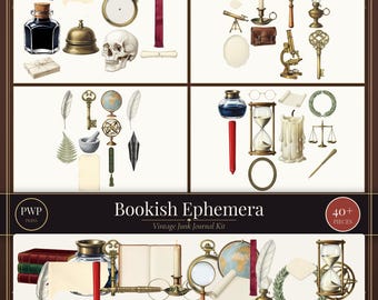 Kit de efímeros literarios / Imprimibles vintage para diario literario / Elementos PNG recortados con precisión / Uso comercial / Descarga instantánea