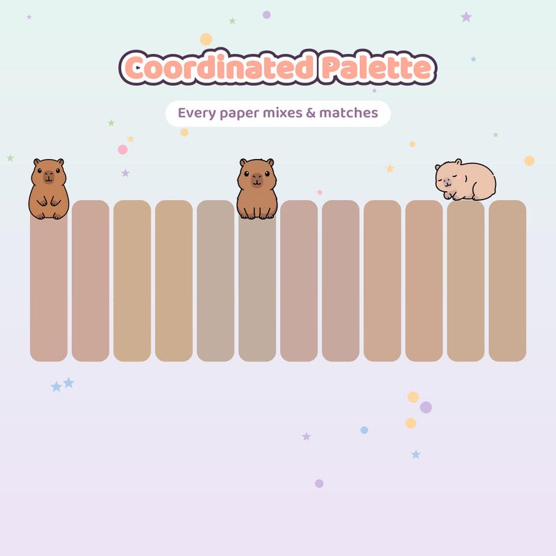 May include: A digital graphic titled Coordinated Palette with the text Every paper mixes & matches. It features eleven vertical rectangular swatches in varying shades of tan and beige, decorated with three cartoon capybaras in different poses.
