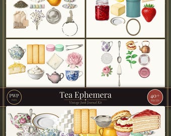 Kit de efímeros de té / Imprimibles vintage para diario de té / Elementos PNG recortados con precisión / Uso comercial / Descarga instantánea