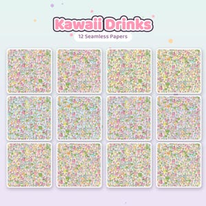 May include: A digital collection of 12 seamless papers titled Kawaii Drinks, featuring a repeating pattern of small, colorful, cartoon-style beverage containers with smiling faces, including cups, bottles, and mugs in various pastel shades.