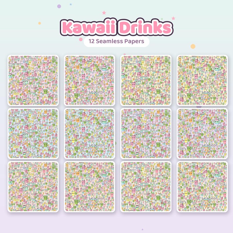 May include: A digital collection of 12 seamless papers titled Kawaii Drinks, featuring a repeating pattern of small, colorful, cartoon-style beverage containers with smiling faces, including cups, bottles, and mugs in various pastel shades.