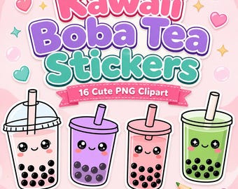 Paquete de imágenes prediseñadas PNG de pegatinas Kawaii de té de burbujas / 16 diseños en tonos pastel (uso comercial)