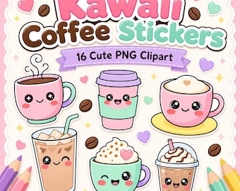 Paquete de imágenes prediseñadas PNG de café kawaii / Pegatinas de bebidas en tonos pastel (descarga digital)