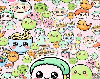 Paquete de papeles digitales Kawaii con diseños de snacks japoneses / Patrones sin costuras, uso comercial (descarga instantánea)