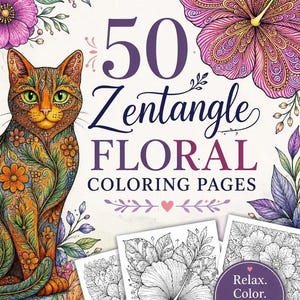50 páginas para colorir com desenhos florais Zentangle para adultos – Padrões florais complexos (Download instantâneo em PDF)