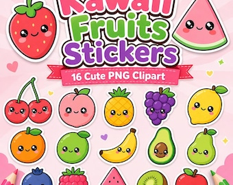 Paquete de imágenes prediseñadas PNG de frutas kawaii / Pegatinas de frutas en tonos pastel (descarga digital)
