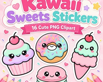 Paquete de imágenes prediseñadas PNG de dulces kawaii / 16 diseños de pegatinas en tonos pastel (descarga digital)