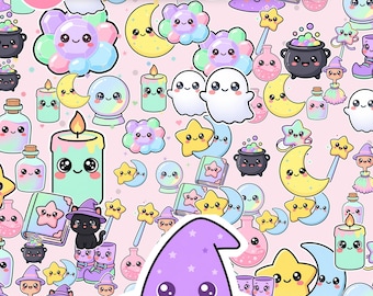 Paquete de papeles digitales Kawaii Witchy / 12 patrones sin costuras (uso comercial)