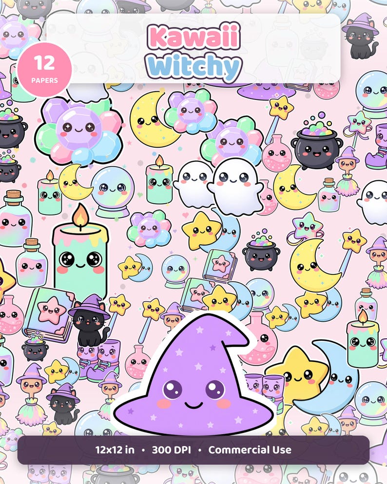 Kawaii Witchy Digital Paper Pack | 12 Seamless Patterns (Commercial Use) image 1