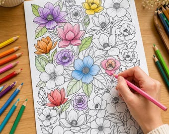 50 páginas para colorear con motivos florales para adultos / Diseños botánicos de flores (Descarga en PDF)