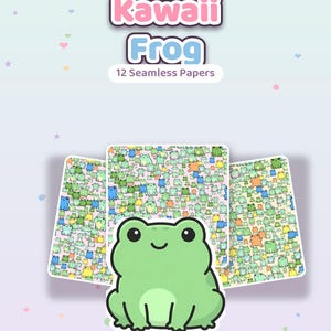 Naadloze digitale papieren kawaii kikker (12 ontwerpen) afbeelding 2