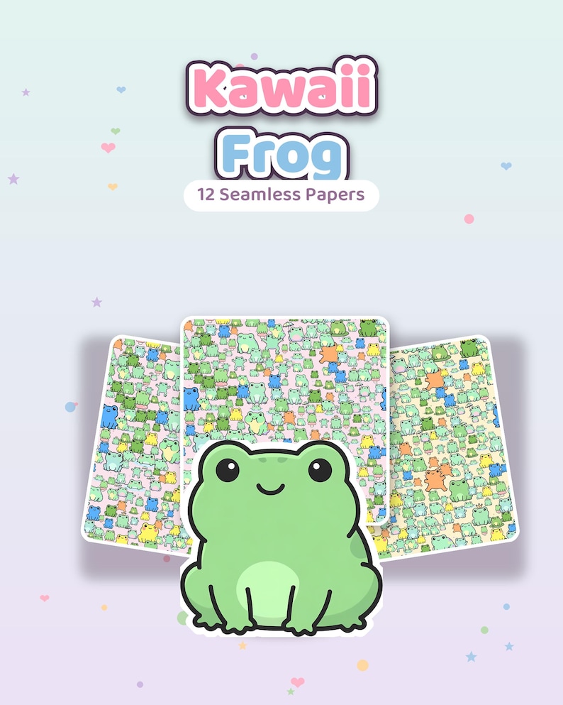 Naadloze digitale papieren kawaii kikker (12 ontwerpen) afbeelding 2