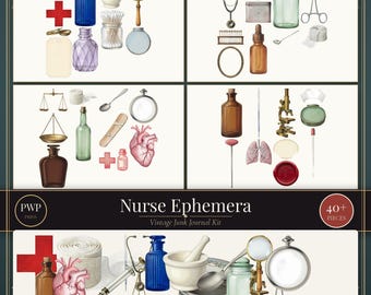 Kit de artículos de enfermera / Imprimibles vintage para diario de enfermería / Elementos PNG recortados con precisión / Uso comercial / Descarga instantánea