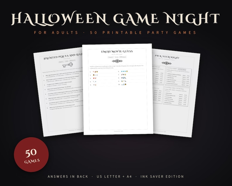 Paquete de juegos para fiestas de Halloween, 50 juegos imprimibles para adultos (PDF) imagen 1
