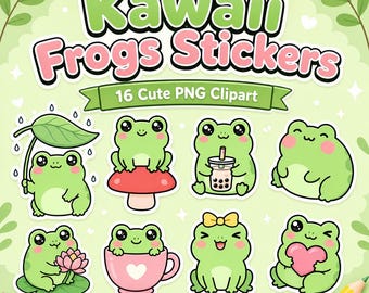 Paquete de imágenes prediseñadas PNG de ranas kawaii / 16 diseños de ranas en tonos pastel (uso comercial)