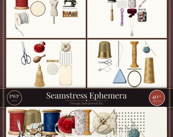 Kit de efímeros de costura / Imprimibles vintage para diario de costura / Elementos PNG recortados con precisión / Uso comercial / Descarga instantánea