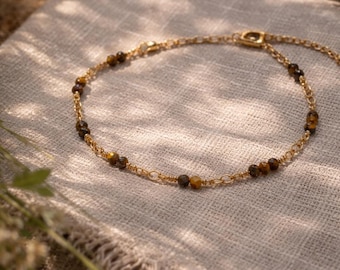 14k Gold chain Tiger Eye Stone 2mm bracelets - Bridesmaid, Boho, Chic,Everyday Jewelry