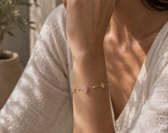 14k Gold Chain Bracelet with Rose Quartz Stone and Pearls – Delicate Bridal Jewelry